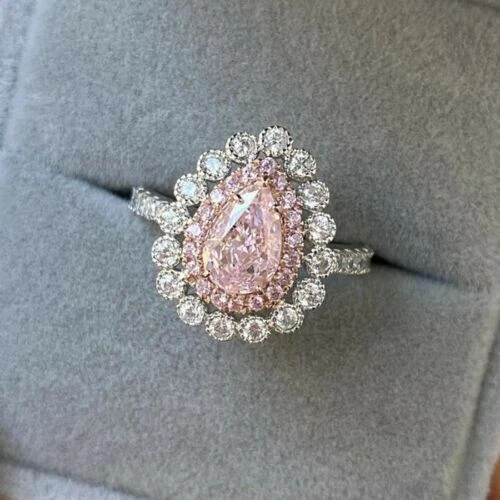 3.14 CT Pear Cut Pink Sapphire & White Shiny CZ Double Halo Engagement FN Ring