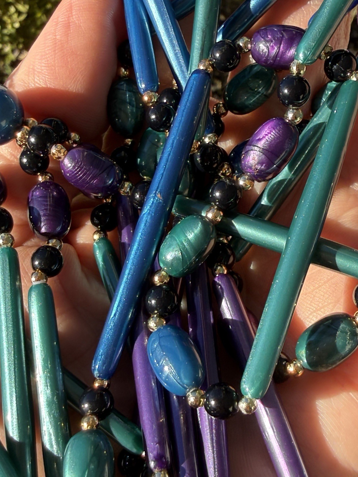Vintage 3 Strand Purple & Teal Blue Marbelized Peacock Color Necklace 34″L
