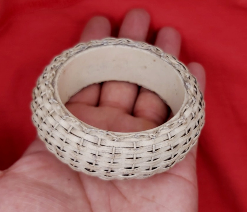 Vintage Ethnographic Woven Rattan Fiber Bangle Wire Bound Chunky Statement Brace
