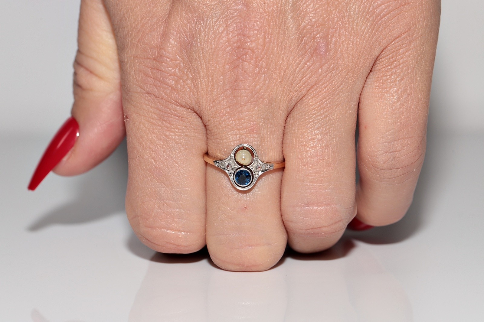 Antique Circa 1920s 14k Gold Natural Rose Cut Diamond And Sapphire Pearl Ring