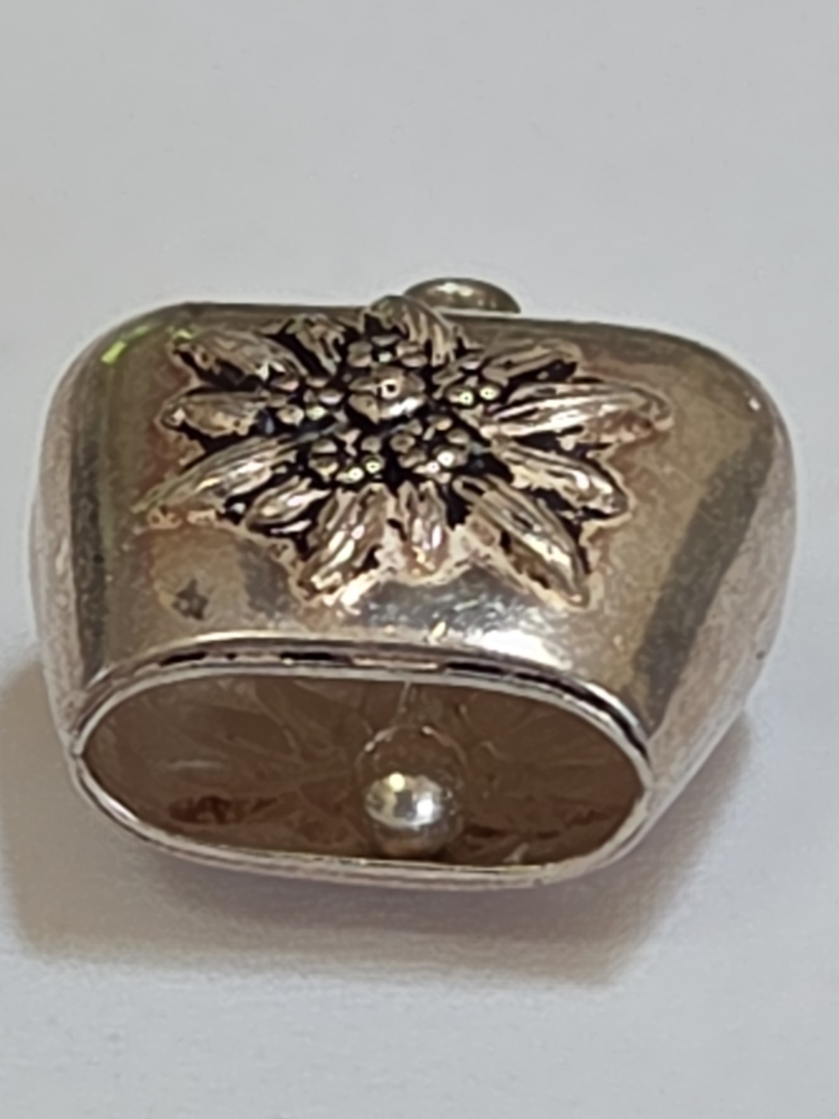 Sterling Silver ~ Edelweiss Cow Bell Charm ~ RINGS! ~ Swiss Pendant ~ VINTAGE