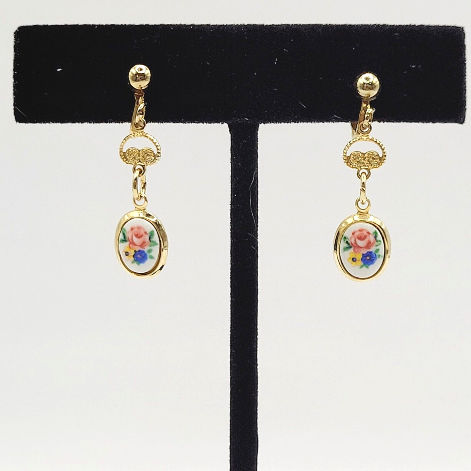 Petite Hand Painted Flowers Porcelain Gold Tone Drop Dangle Vintage Earrings