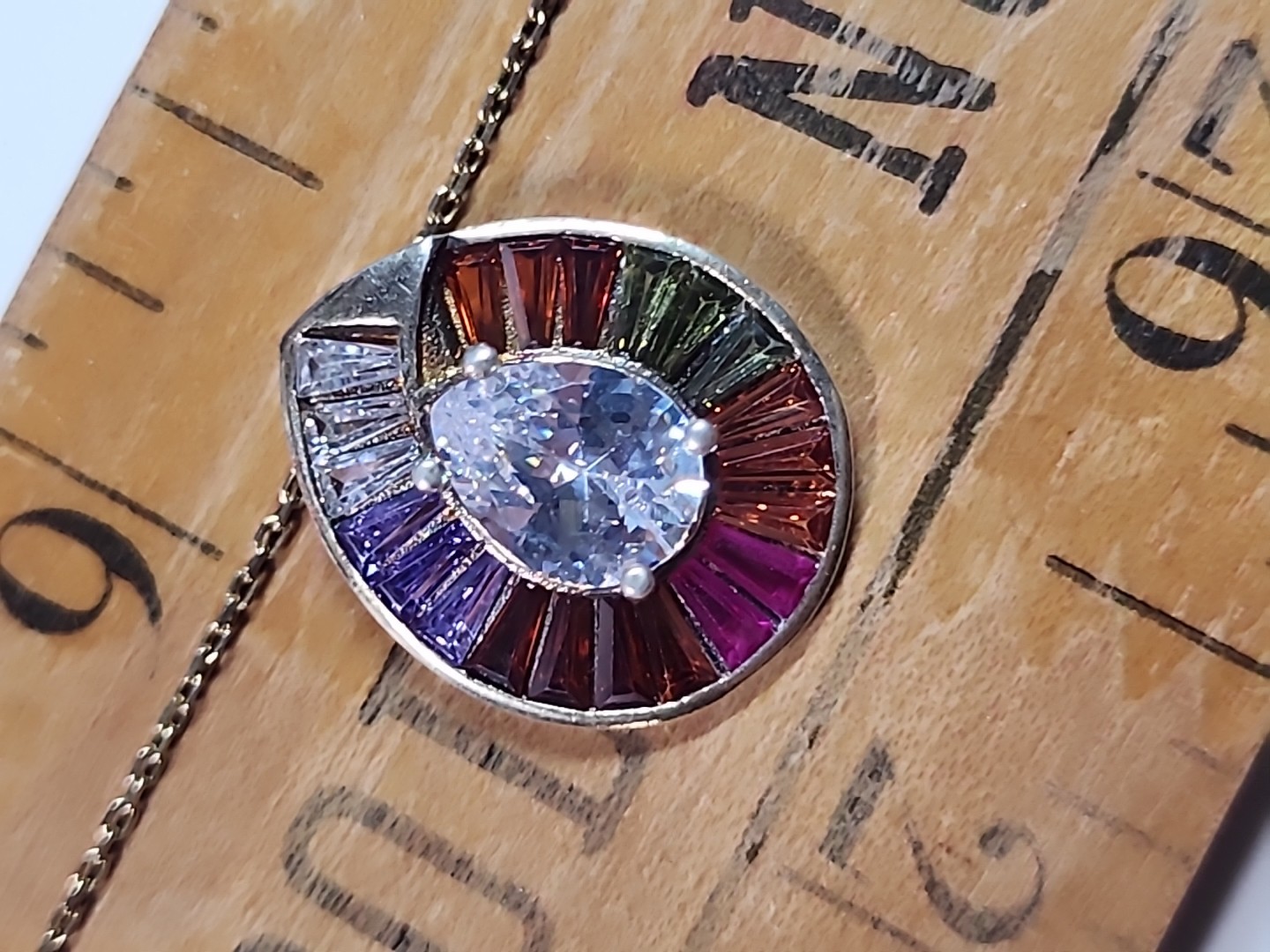 Rainbow Cluster Stones Teardrop Pendant Gold Over .925 Silver 17.5″ Necklace