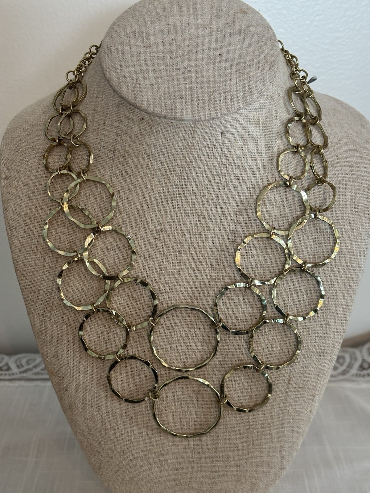 Vtg Retro 2 Strand Open Hammered Gold Plate Circle Necklace Lobster Claw Clasp