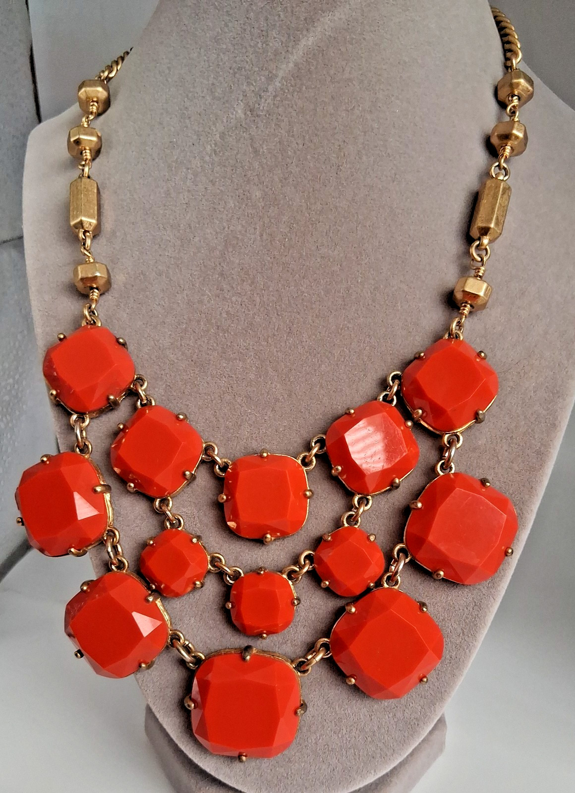 Vintage Stella & Dot Orange Bib Gold tone Bib Statement Layered Necklace 16-20″