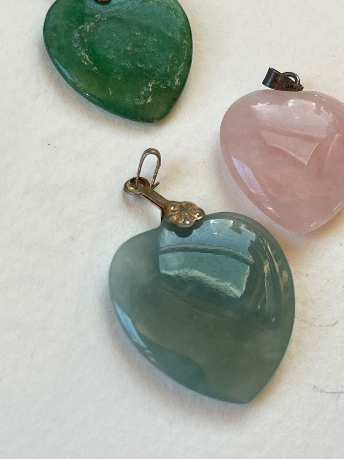 Lot of 3 Carved Green Stone or Pink Rose Quarts Heart Shaped Pendants or Charms