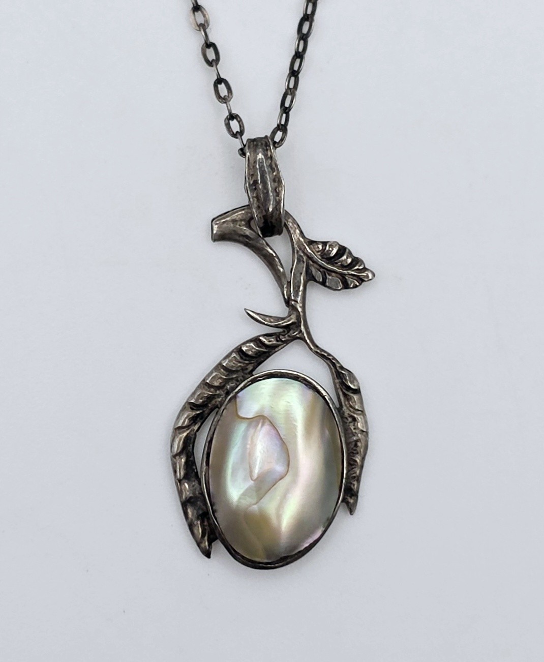 Vintage Art Nouveau Sterling Silver Blister Pearl Leaf Vine Pendant Necklace 925