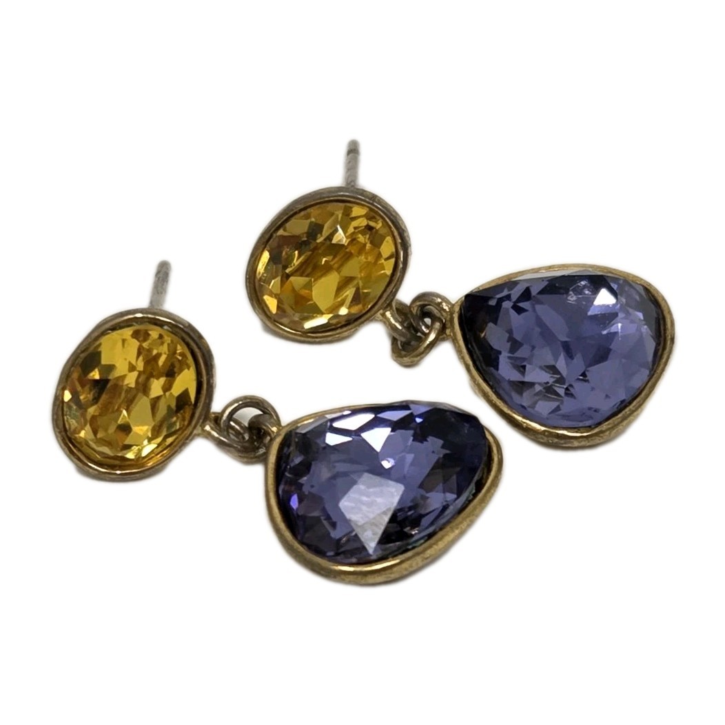 Purple & Yellow Crystal Dangle Drop Earrings Vintage Teardrop Unsigned .9″