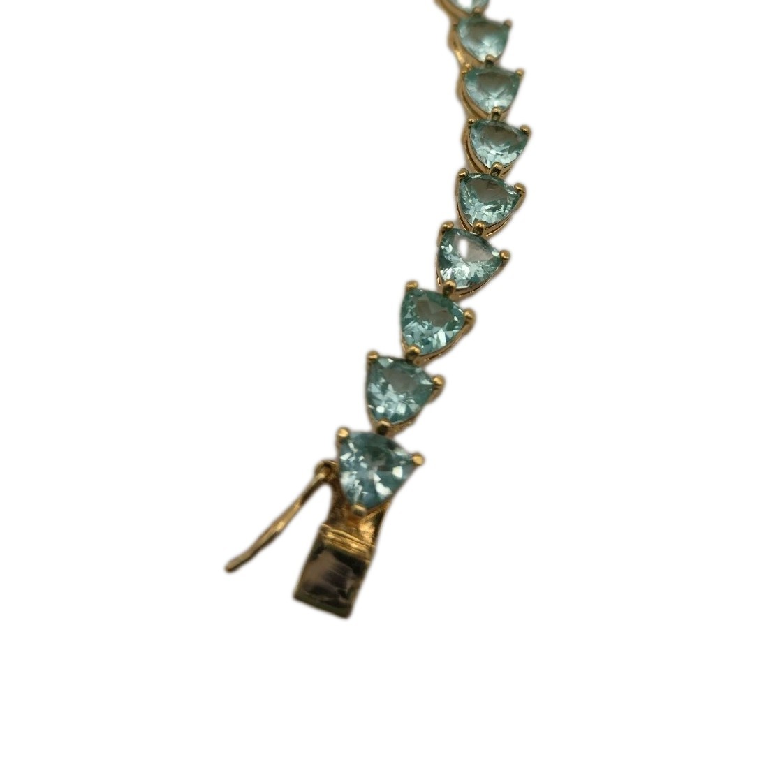 Aqua Blue Green Gold Vermeil Trillion Cut Faux Aquamarine Tennis Bracelet 6.75″
