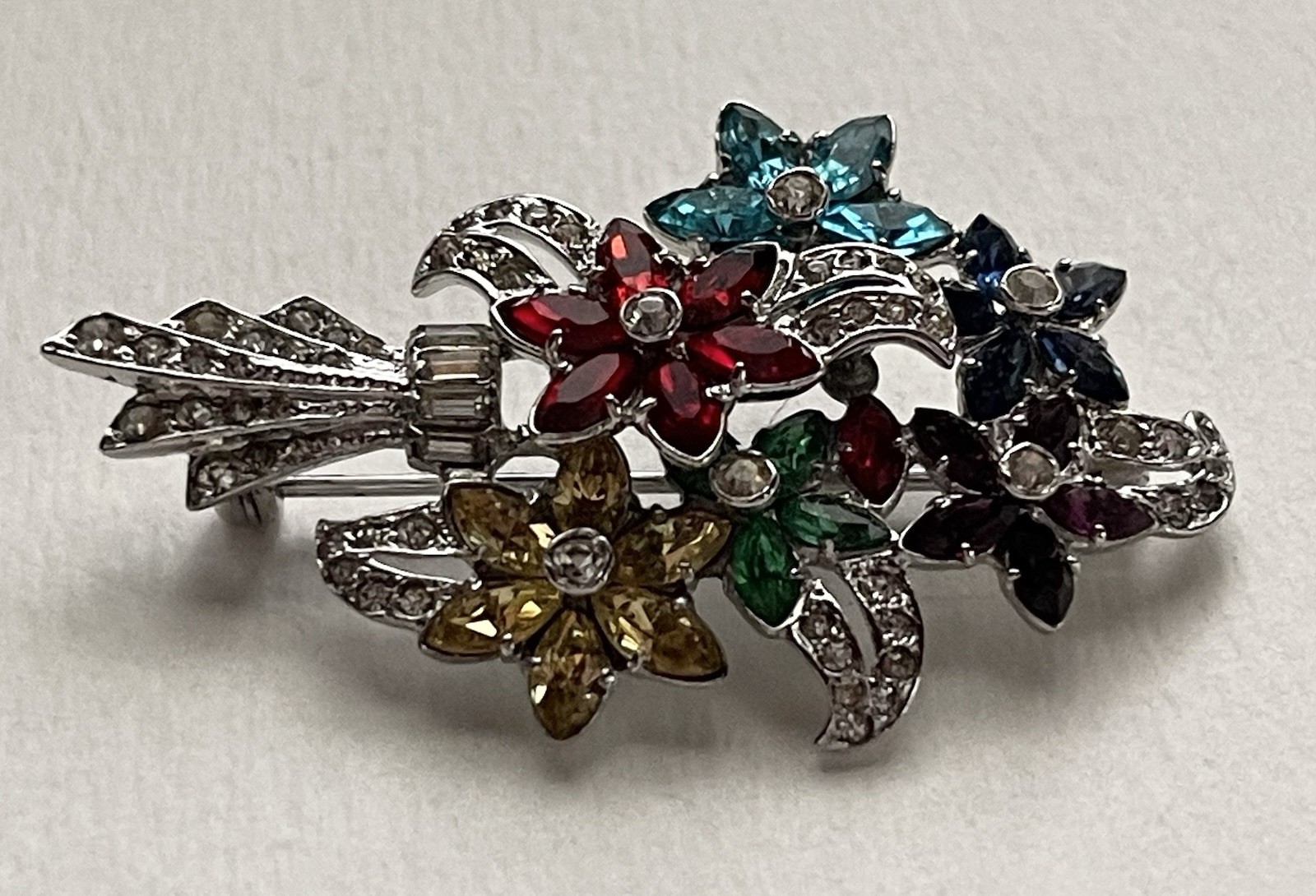 Vintage OTIS Sterling Silver Multicolor Rhinestone Floral Bouquet Pin Brooch