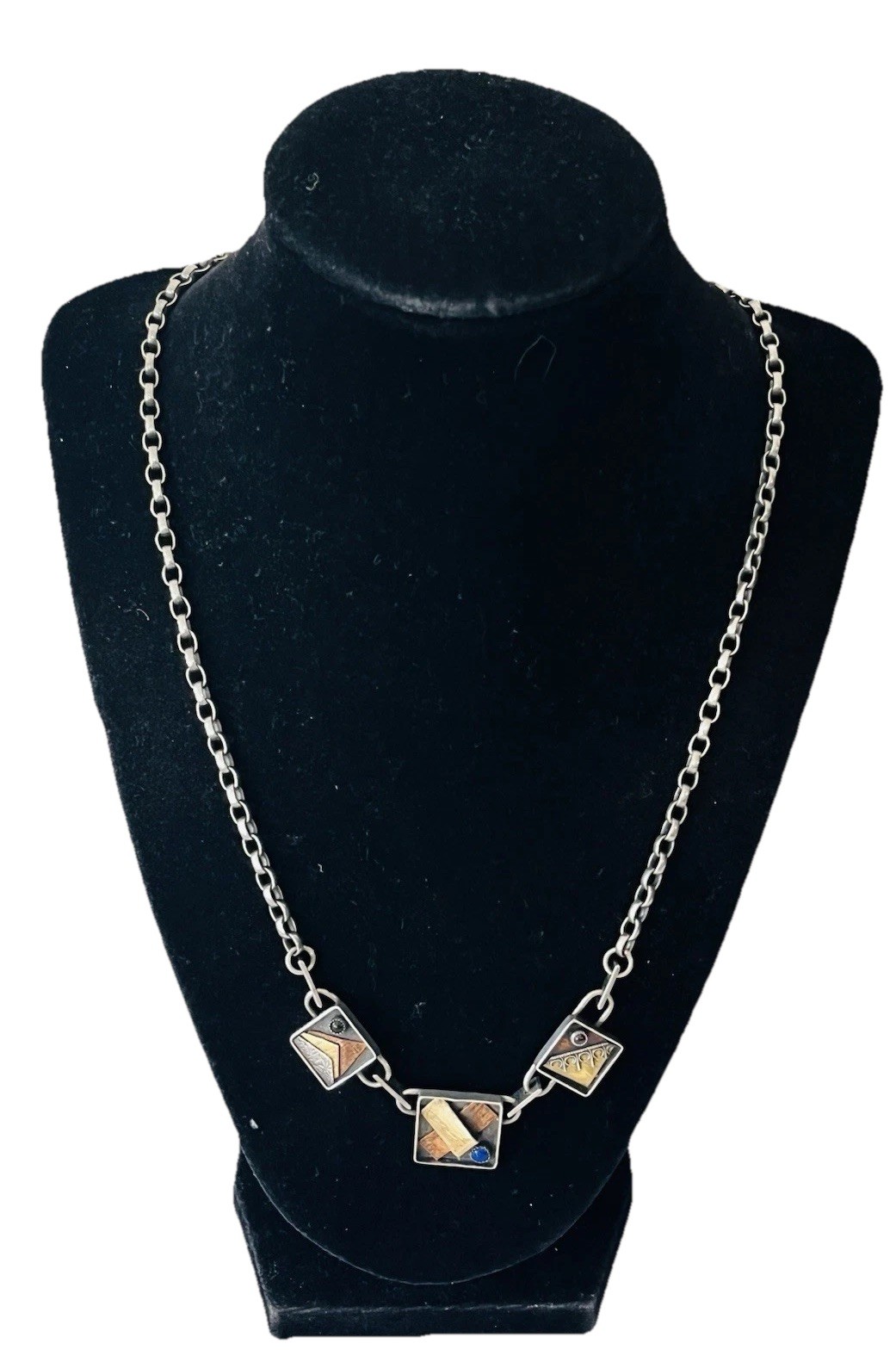 Vintage Signed Modernist Mixed Metal Sterling Silver Stone Link Necklace 32Grams