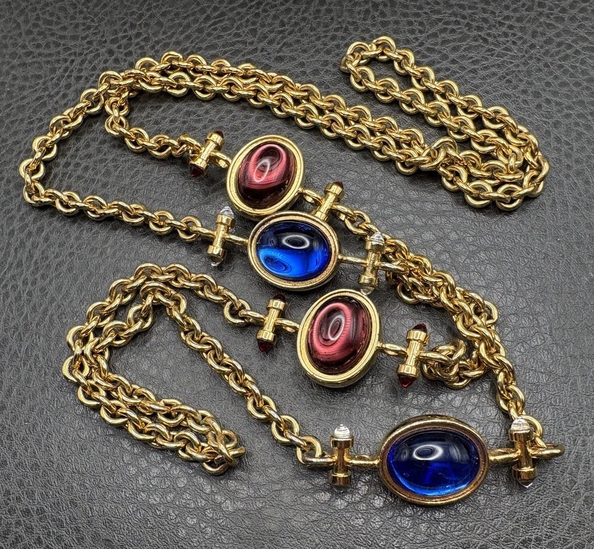 Vintage 80s Monet Gold Tone Gripoix Style Necklace Blue Purple Cabochon Station