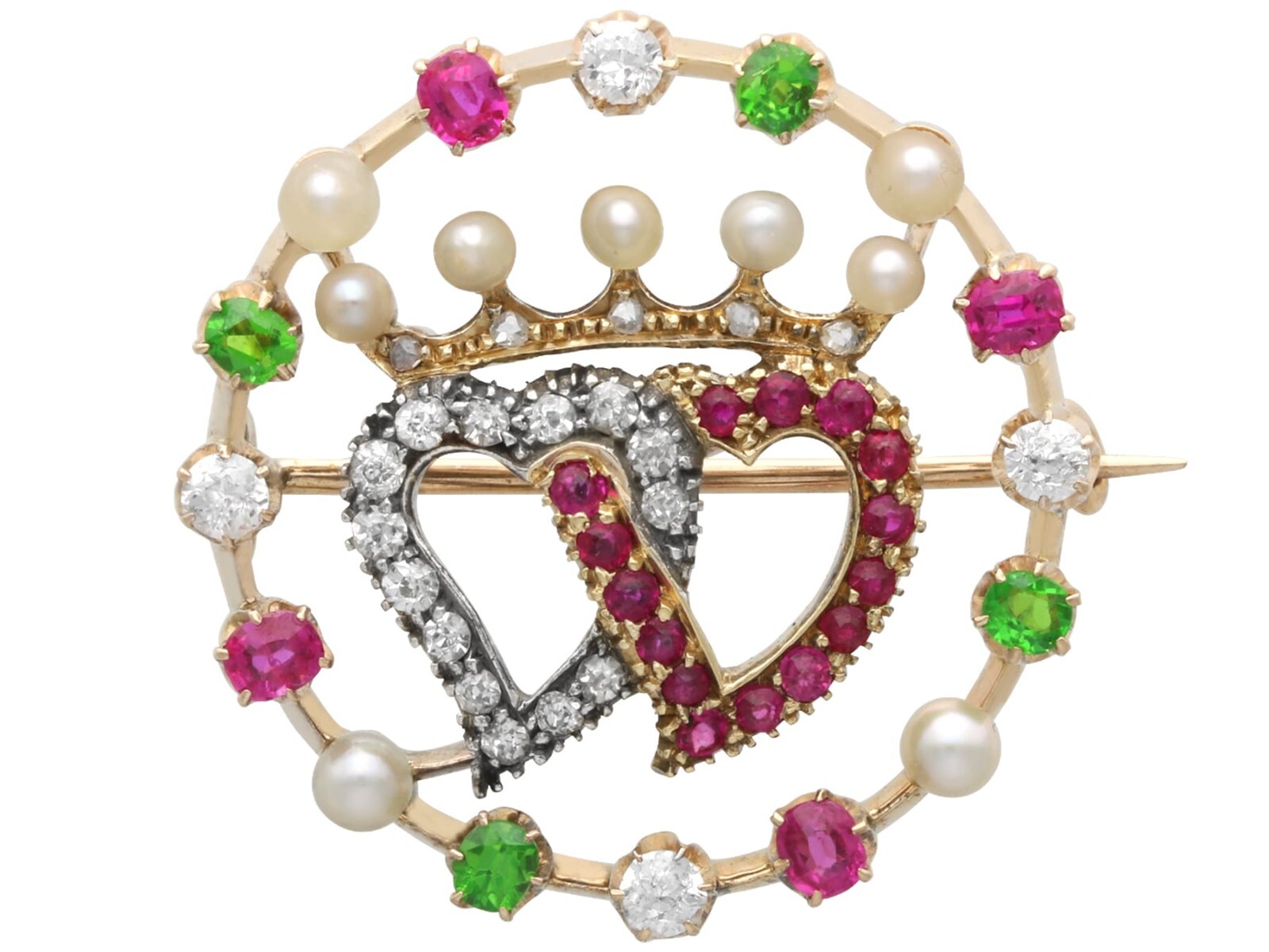 Pearl, 0.30Ct Demantoid Garnet, 0.45Ct Ruby, 0.35Ct Diamond, 14k Gold Brooch