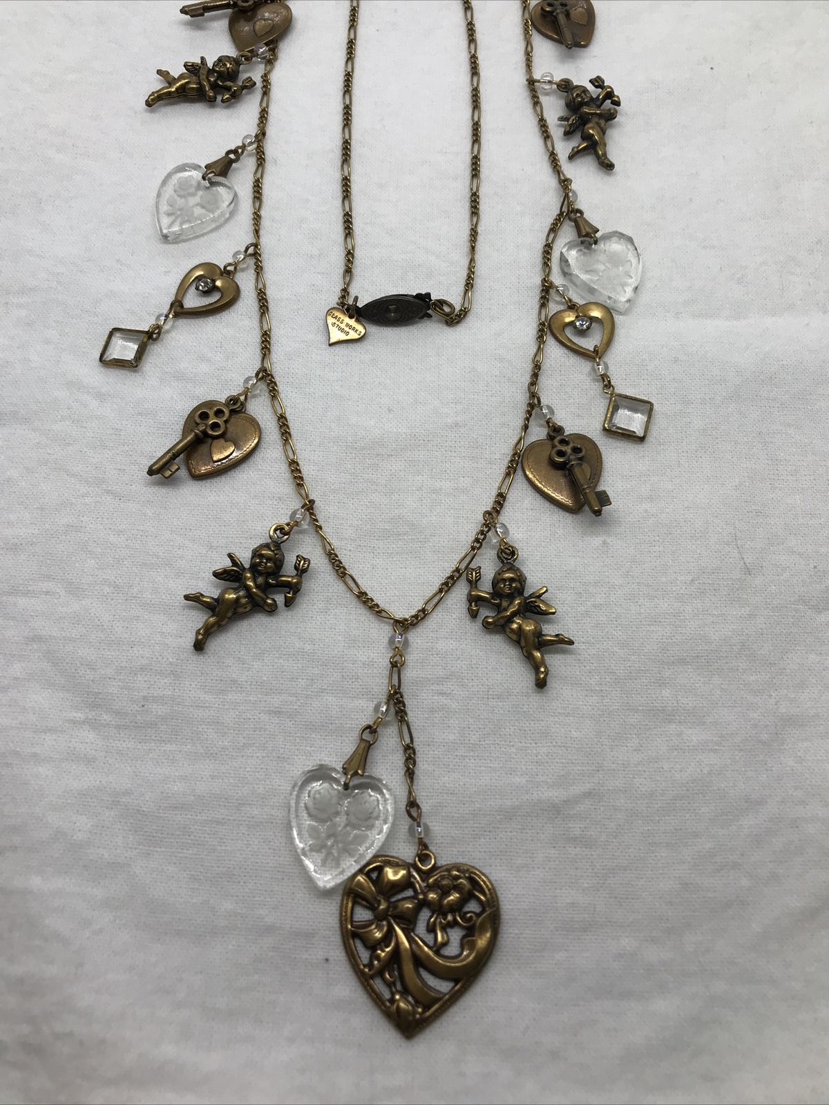 Vintage Glass Works Studio Brass & Glass Charms in Clear Colors Necklace 6