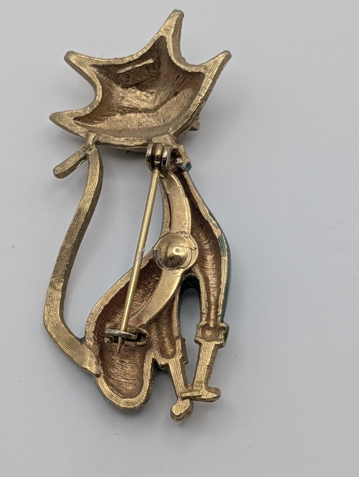 Vintage Atomic Cat Brooch Teal Enamel Gold Tone Mid Century Modern Space Age Pin