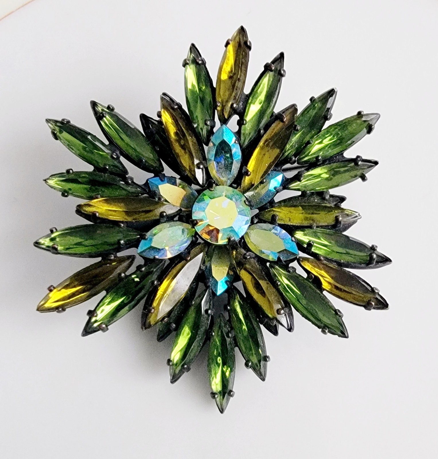 Vintage Regency Brooch Shades of Green Japaned AB Rhinestones Signed 1930s-1950s