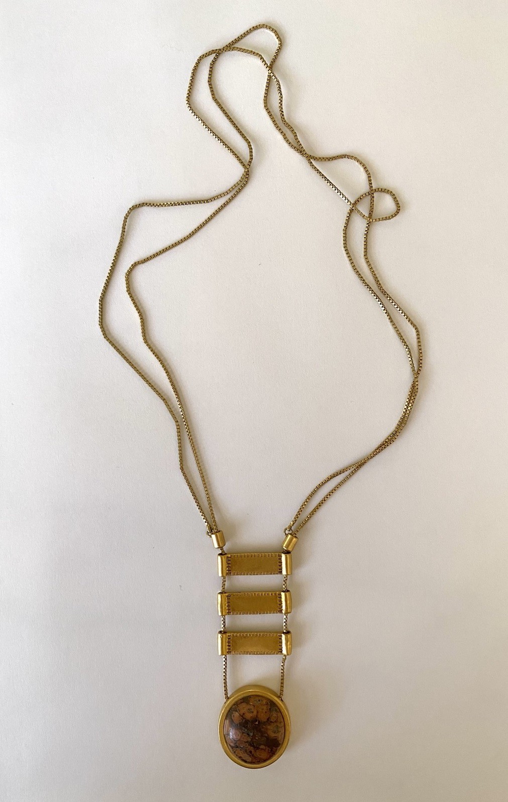 Fashion Long Necklace Gold Tone Modernist Person Metal Stone Pendant Signed M