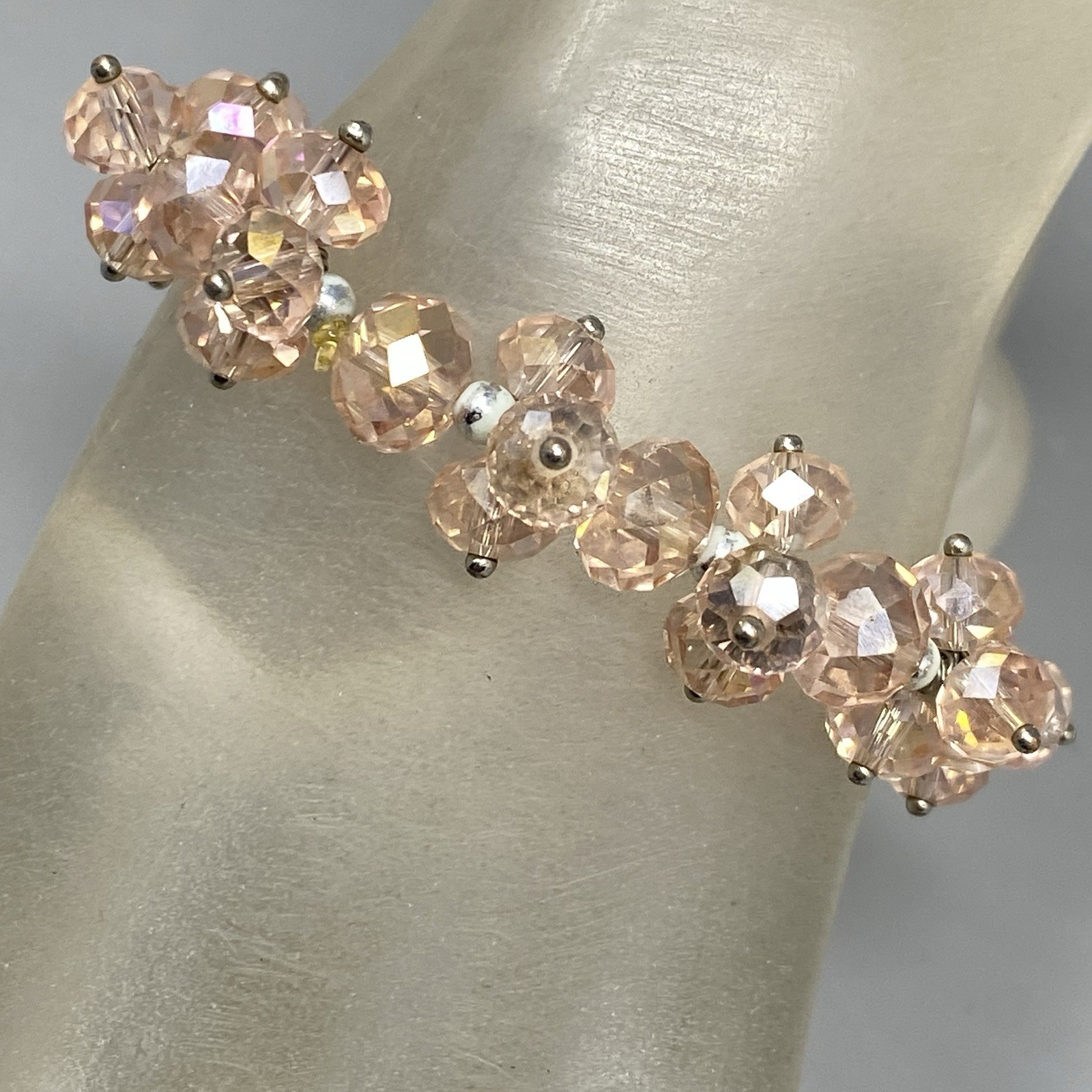 VTG Pink Glass Bead Cluster Bracelet Stretch Fire Polished AB Coated Retro 6.5″