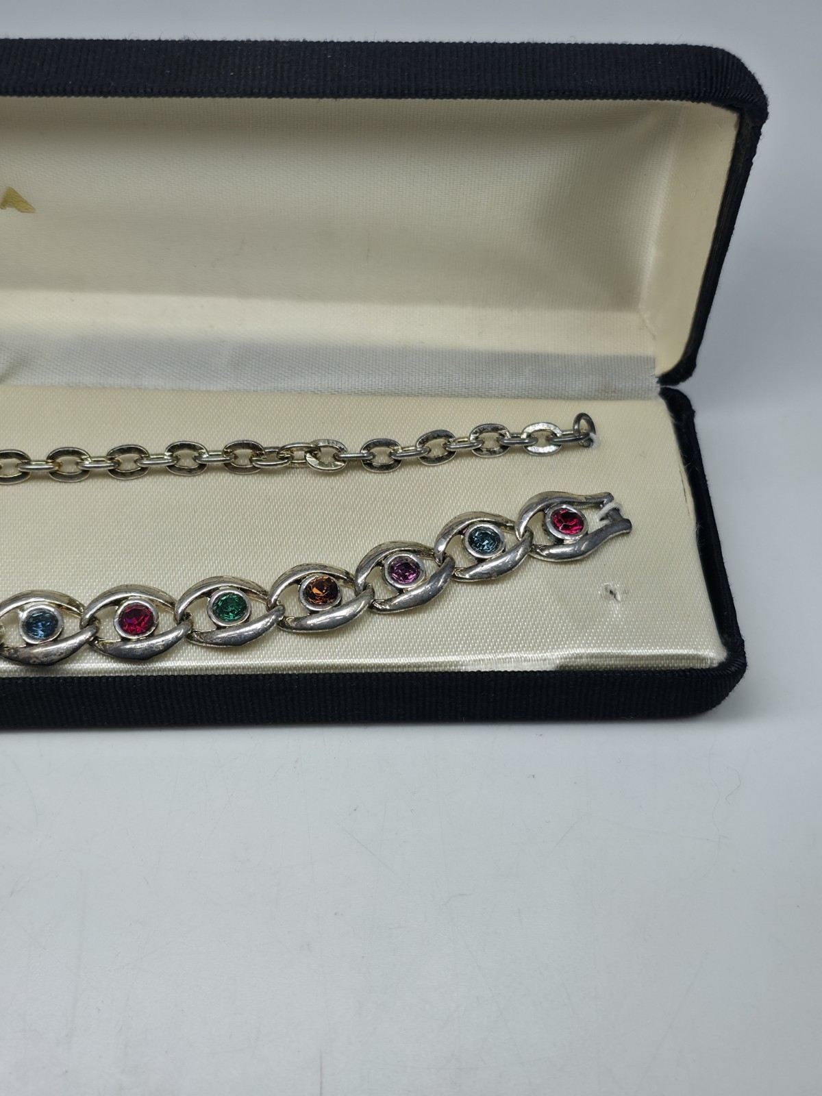 ​Vintage Signed TACOA Multi-Color Rhinestone Link Bracelet in Original Box