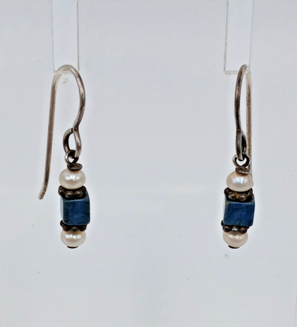 VTG Beaded Dangle Earrings 1in Drop Blue Stone Seed Pearl Silver Tone Estate