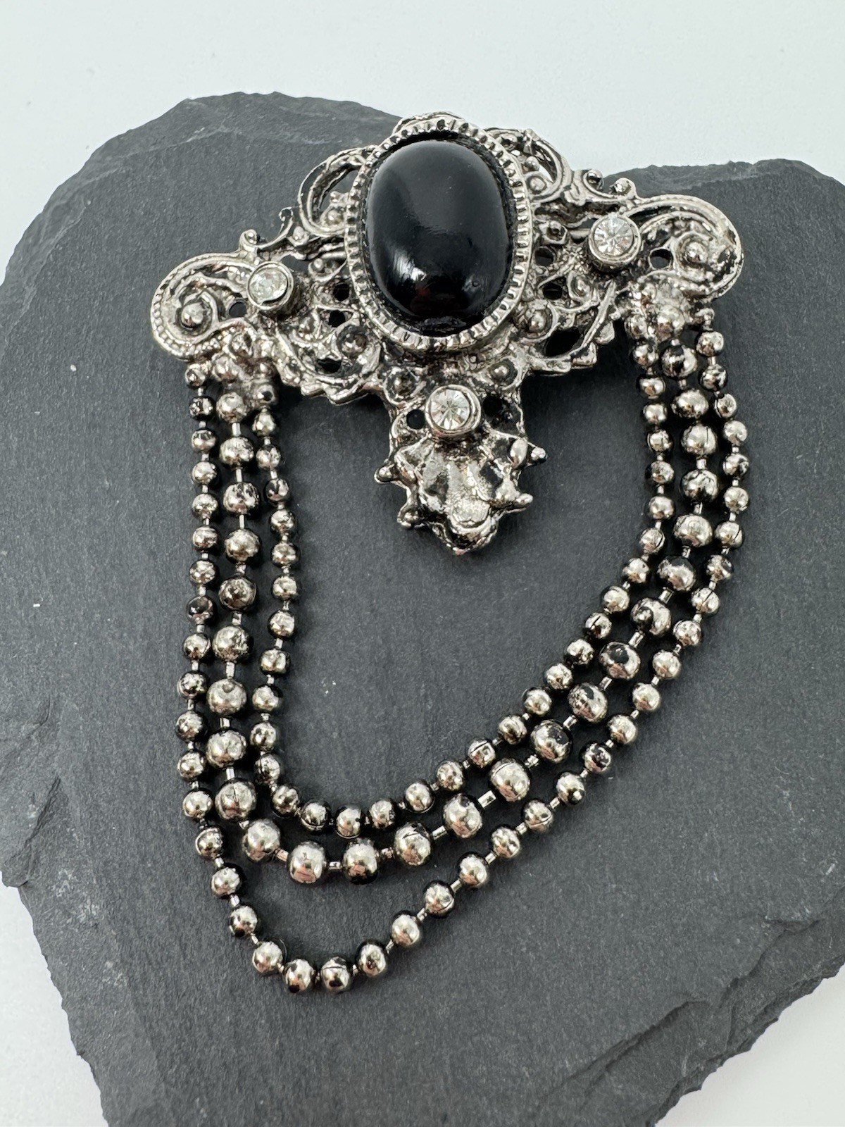 VTG Victorian Revival Gothic Brooch Silver-tone W/ Black Faux Onyx Cab Art Deco