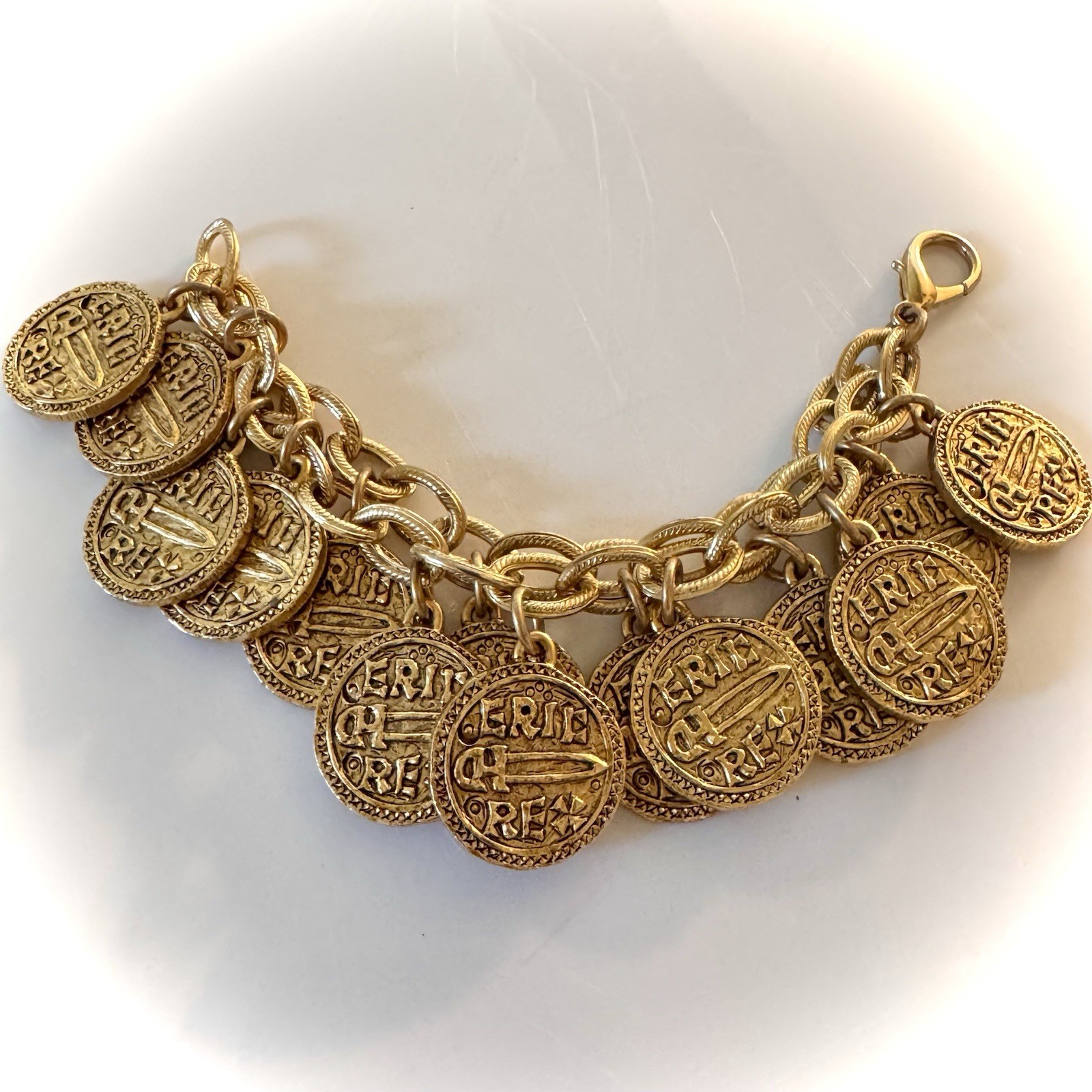 Vintage Stewart Lucas Coin Charm Bracelet, 80s 90s, Etruscan, Byzantine, Signed!