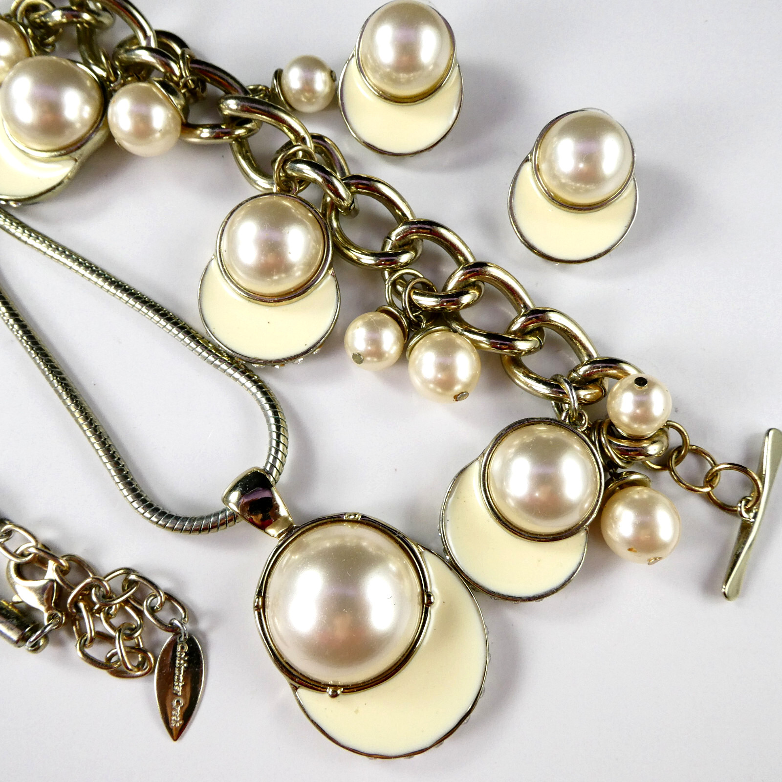 Coldwater Creek Cream Enamel Pearl Necklace Bracelet Earrings Set 3 Piece