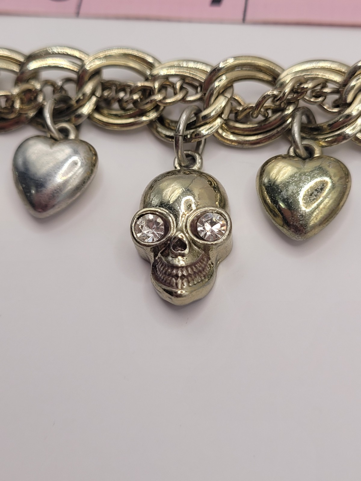 Punk Retro Gwen Skulls Hearts Crosses Charm Necklace Gold Tone Crystals 18″