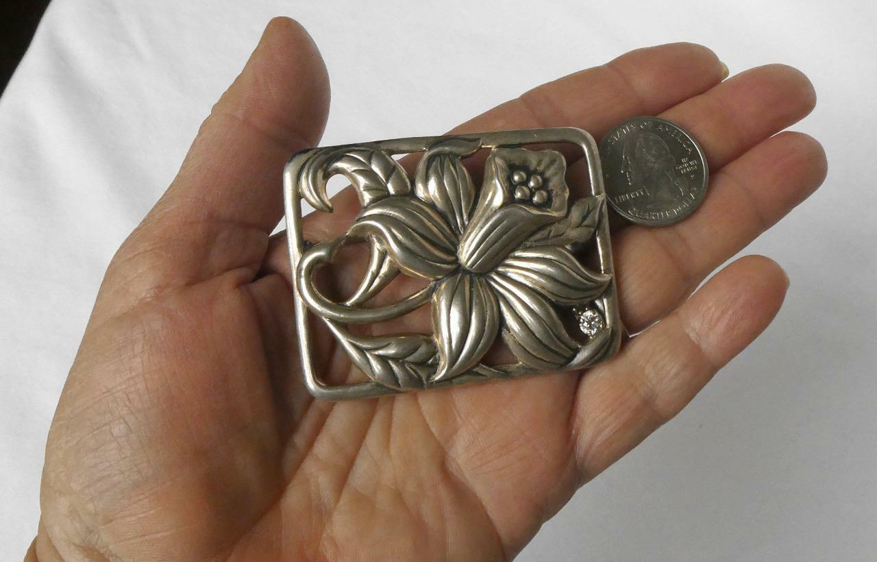 Big Vintage Sterling Art Nouveau Day Oriental Lily Repousse Brooch Patent 21.4g
