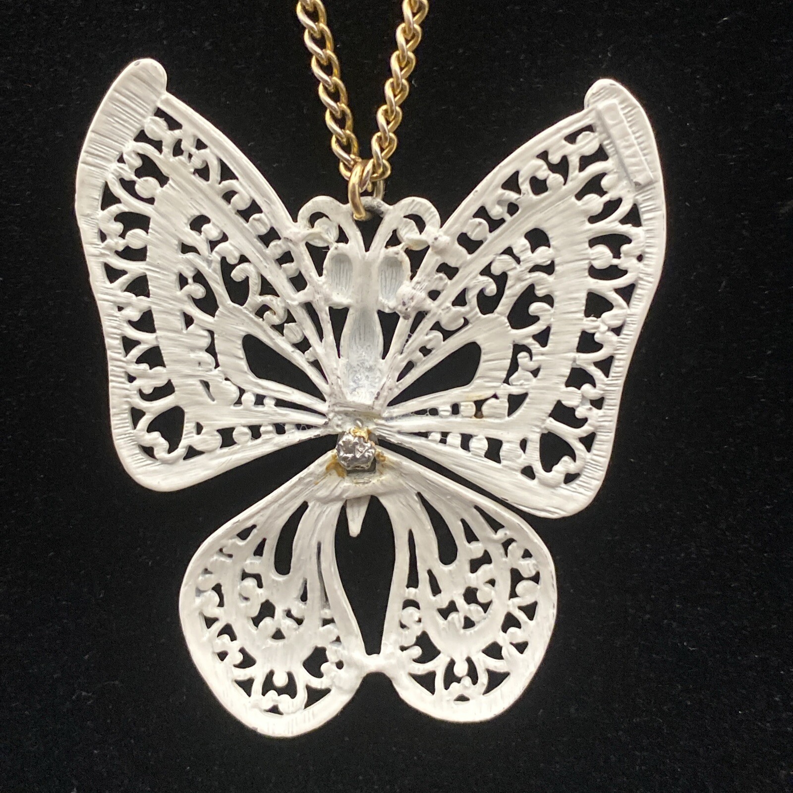 Vintage White Enamel Articulated Large Butterfly Gold Tone Open Link Chain Mod