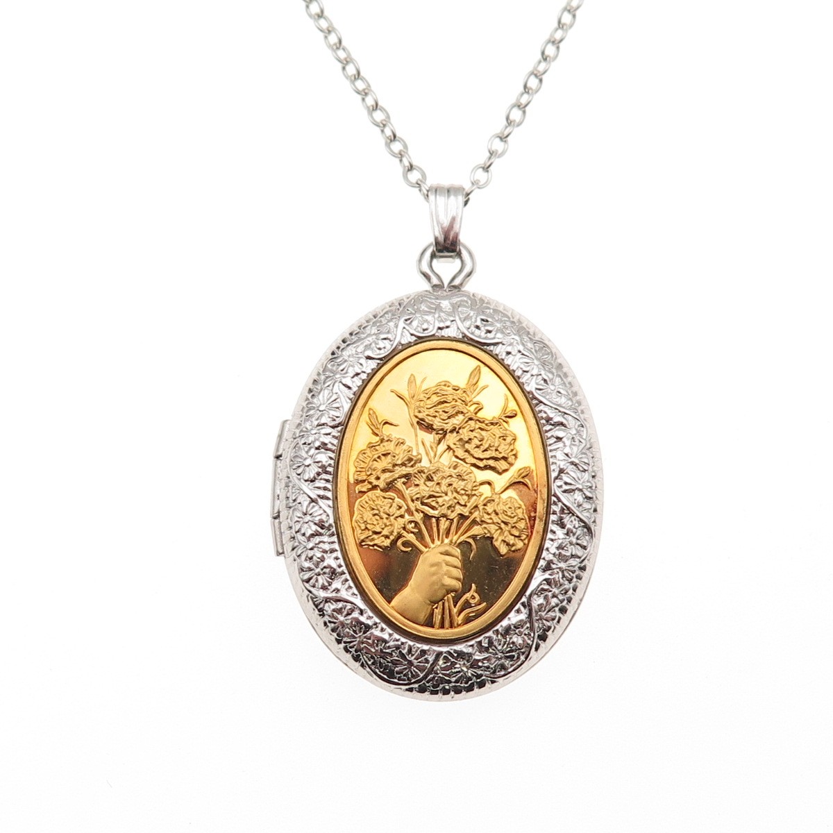 Franklin Mint 925 Sterling 2-Tone Vintage 1978 Flower Locket Chain Necklace 18″