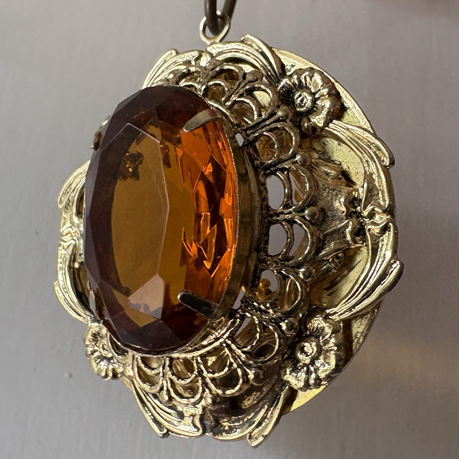 Vintage Victorian Revival Filigree Pendant Honey Amber Glass Gold Tone Ornate