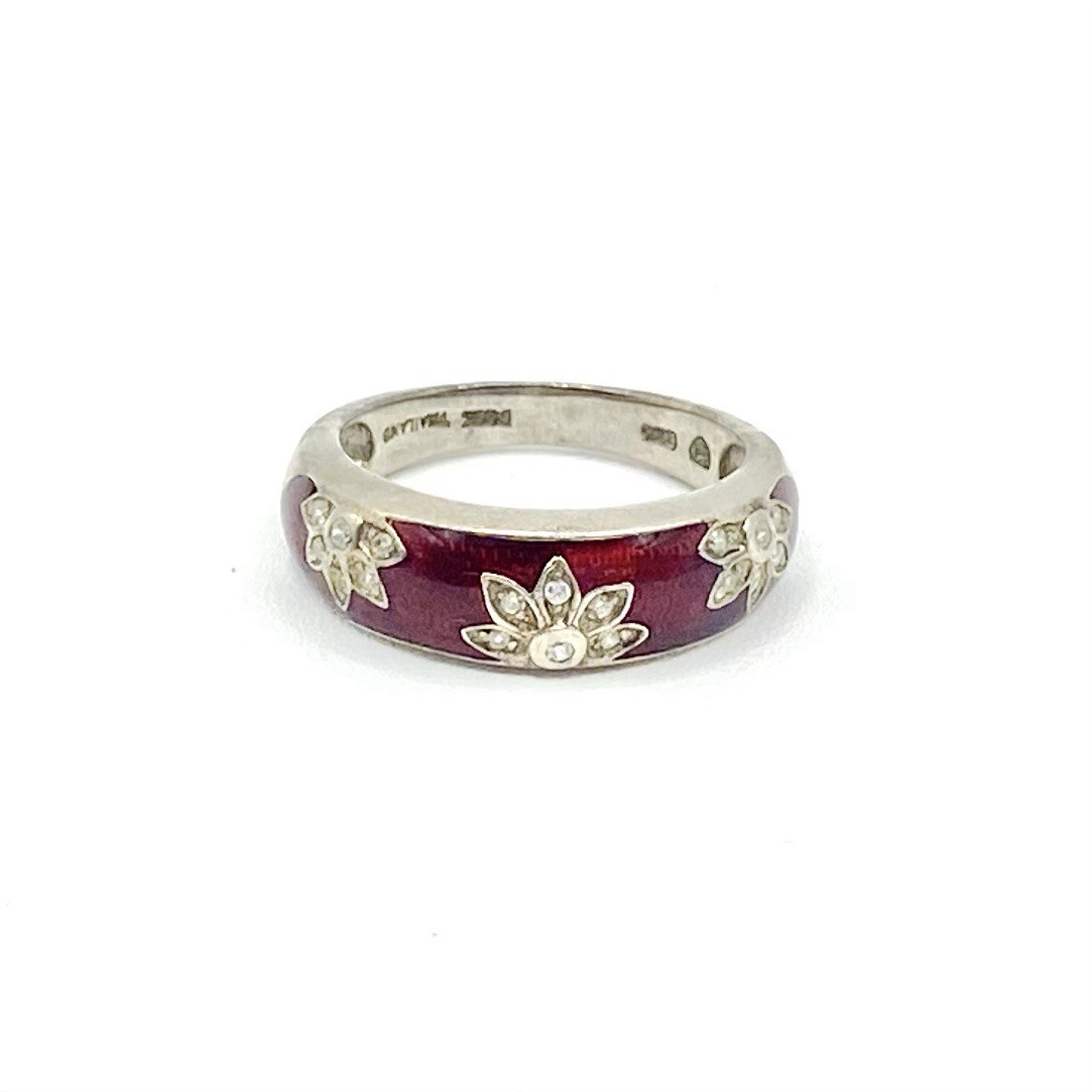 Vintage Sterling Silver 925 Dark Red Enamel CZ Crystal Ring Lotus Flower Size 7