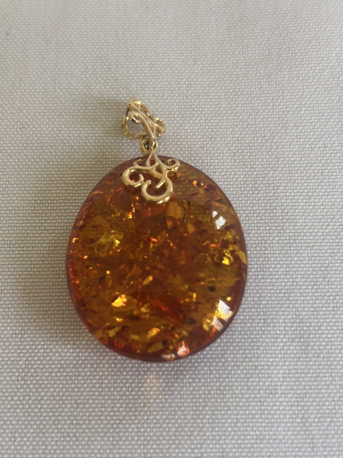 14K Gold Genuine Baltic Amber Cognac Teardrop Pendant
