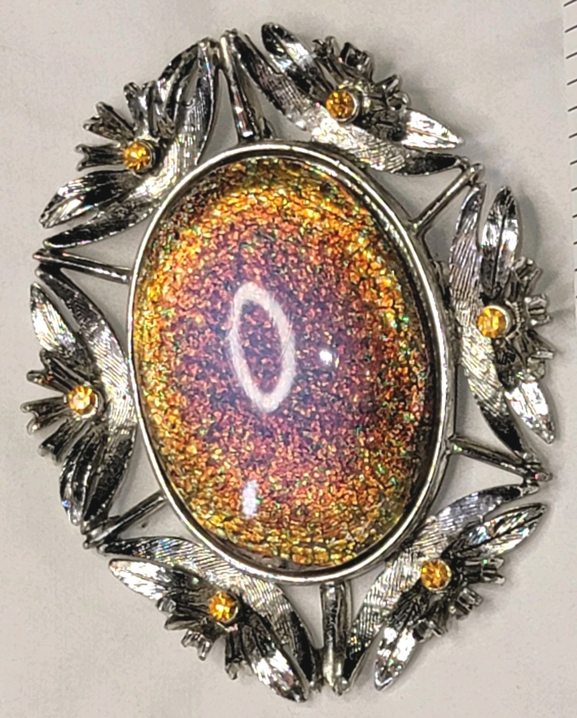Vtg MCM Glass Foil Art Brooch Pendant Rhinestones Silver Tone Lg Whimsical Fairy