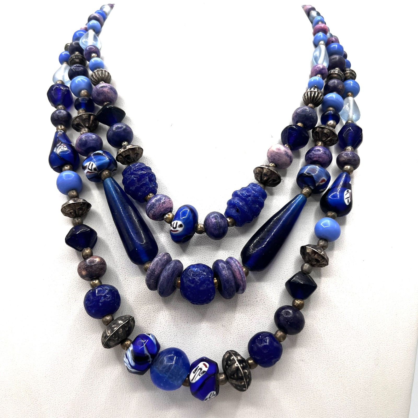 Three Strand Blue Purple Beaded Statement Necklace Artisan Boho Style 18″