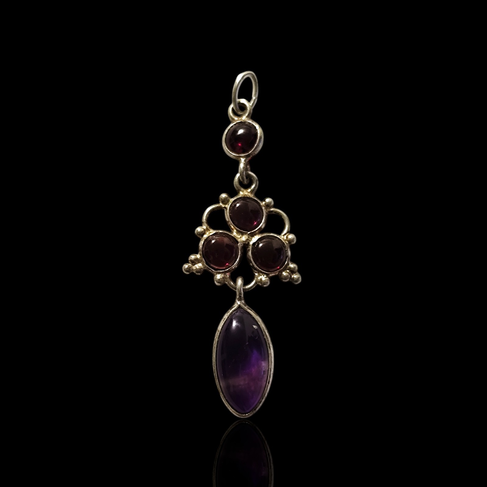 Vintage Sterling Silver Bezel Set Red Garnet And Purple Fluorite Pendant