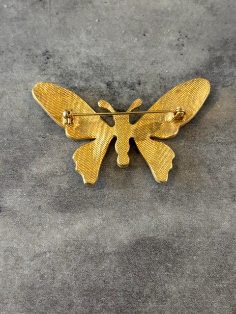 Vintage Blue Red Green Enamel Butterfly Brooch Gold Tone Crystal Rhinestone Pin