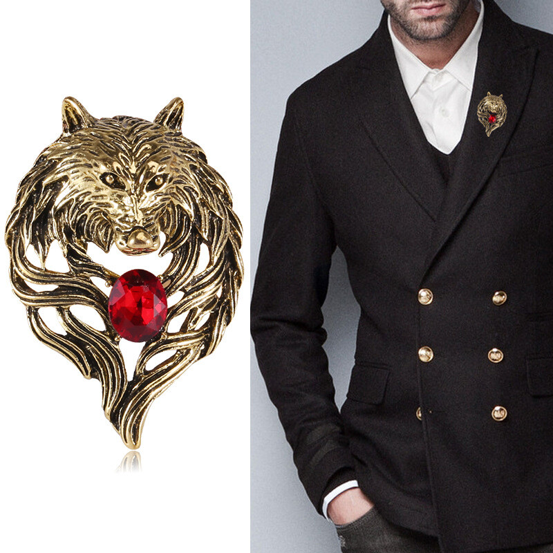 Retro Domineering Wolf Head Brooch Men Coat Suit Animal Pin Brooches Accessories
