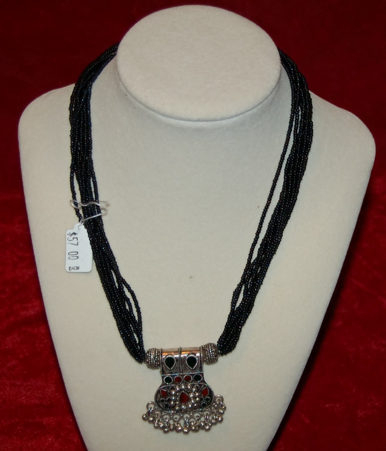 VINTAGE JEWELRY Necklace Multi Strand Beaded Metal Pendant