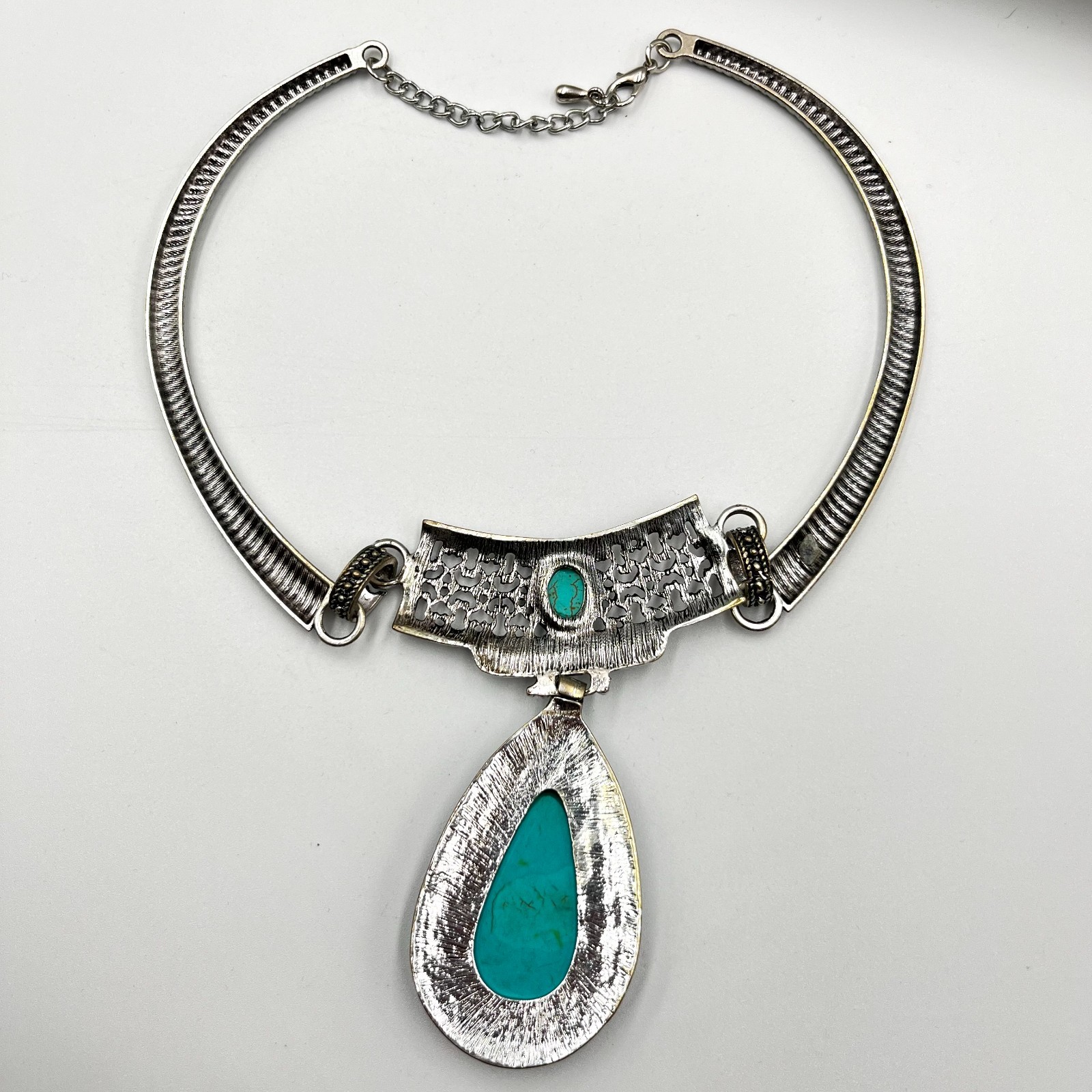 VTG Western Silver Tone Faux Turquoise Teardrop Filigree Collar Choker Necklace