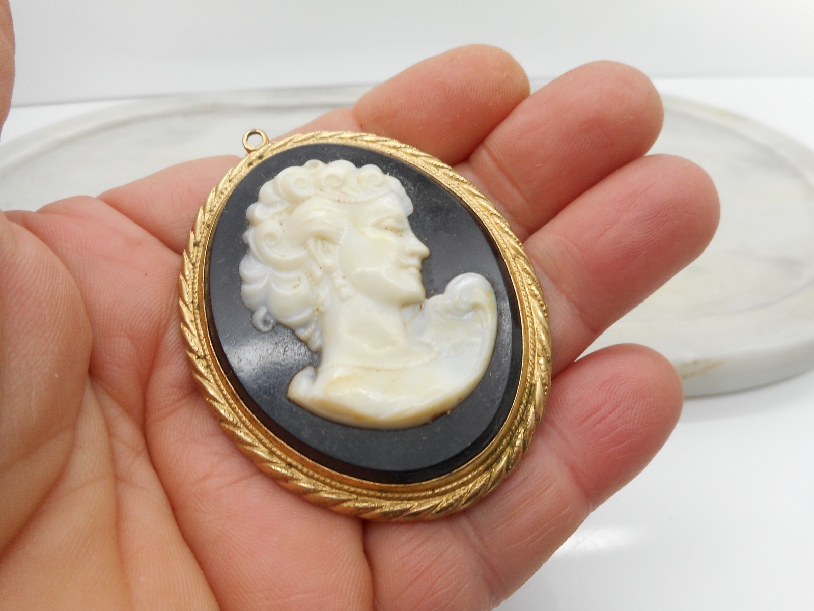 Vintage Large Cameo Pendant 1970’s Gold Wash Filigree 2.10″