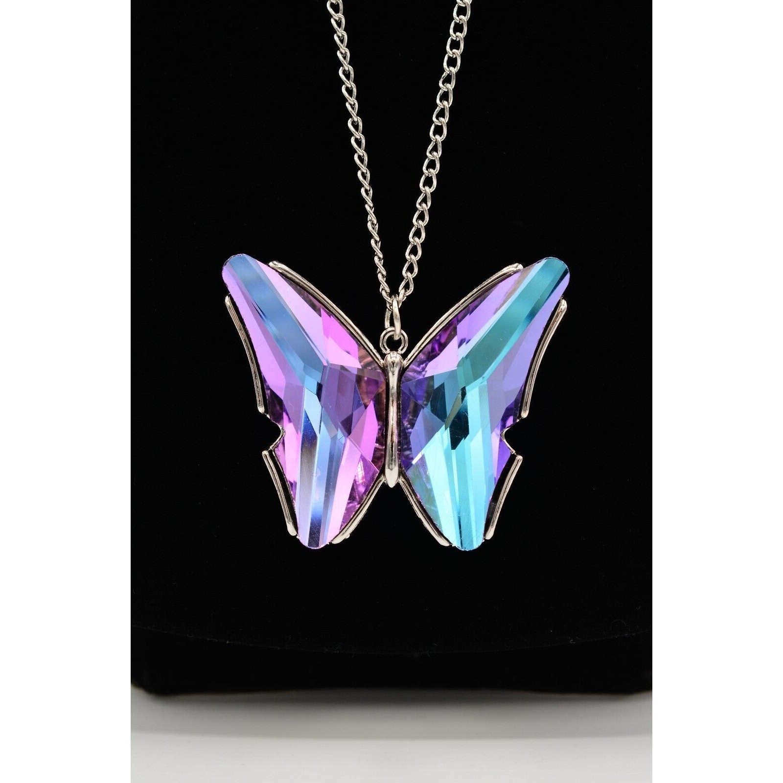 Vintage Crystal Butterfly Pendant Necklace Purple Blue Silver Chain 1990s Bin3C