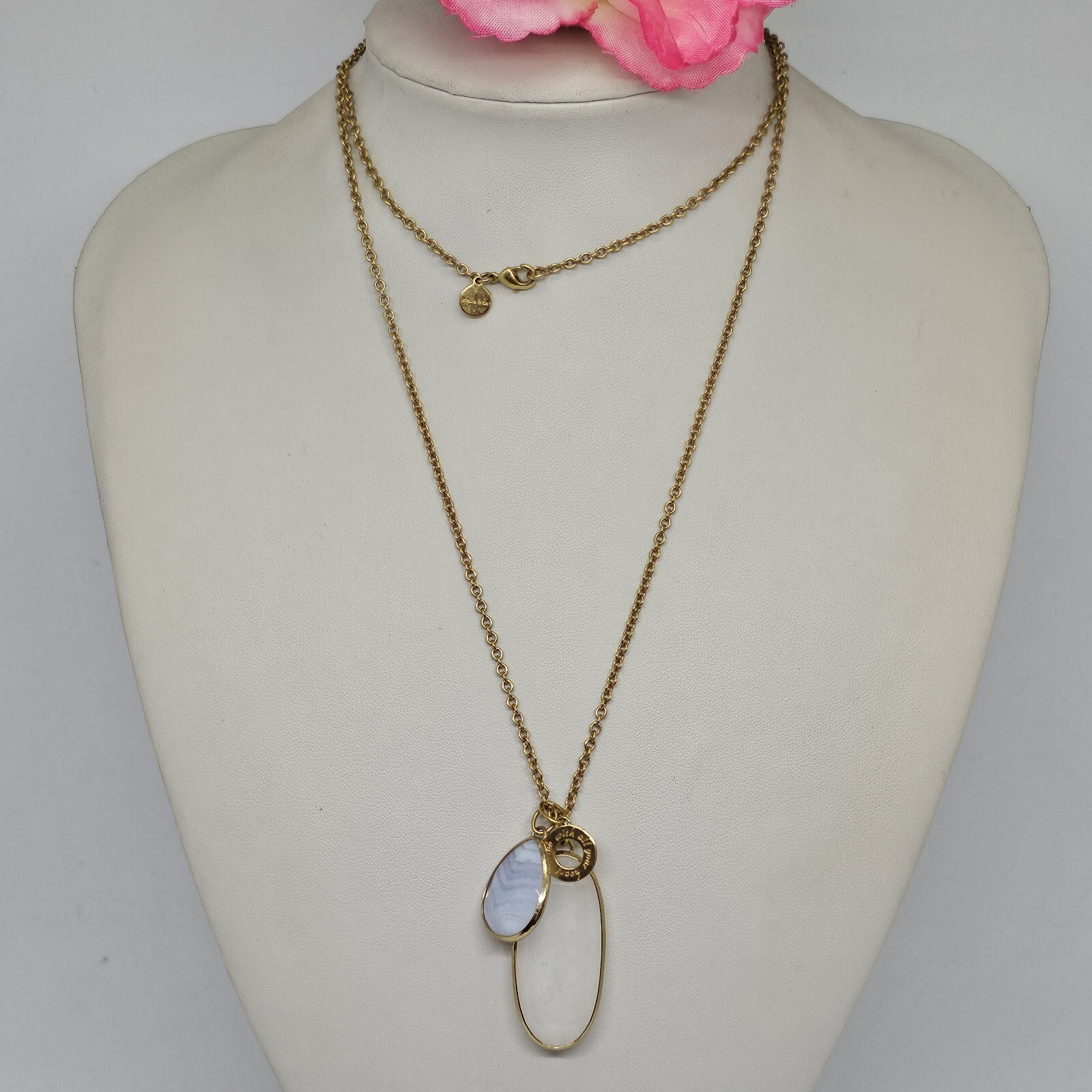 STELLA & DOT Gold Pink Blue Agate stone Charm Pendant Chain Necklace