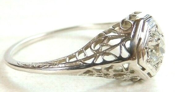 Antique Art Deco Engagement 18K White Gold Ring Size 6.5 UK-M1/2 EGL USA