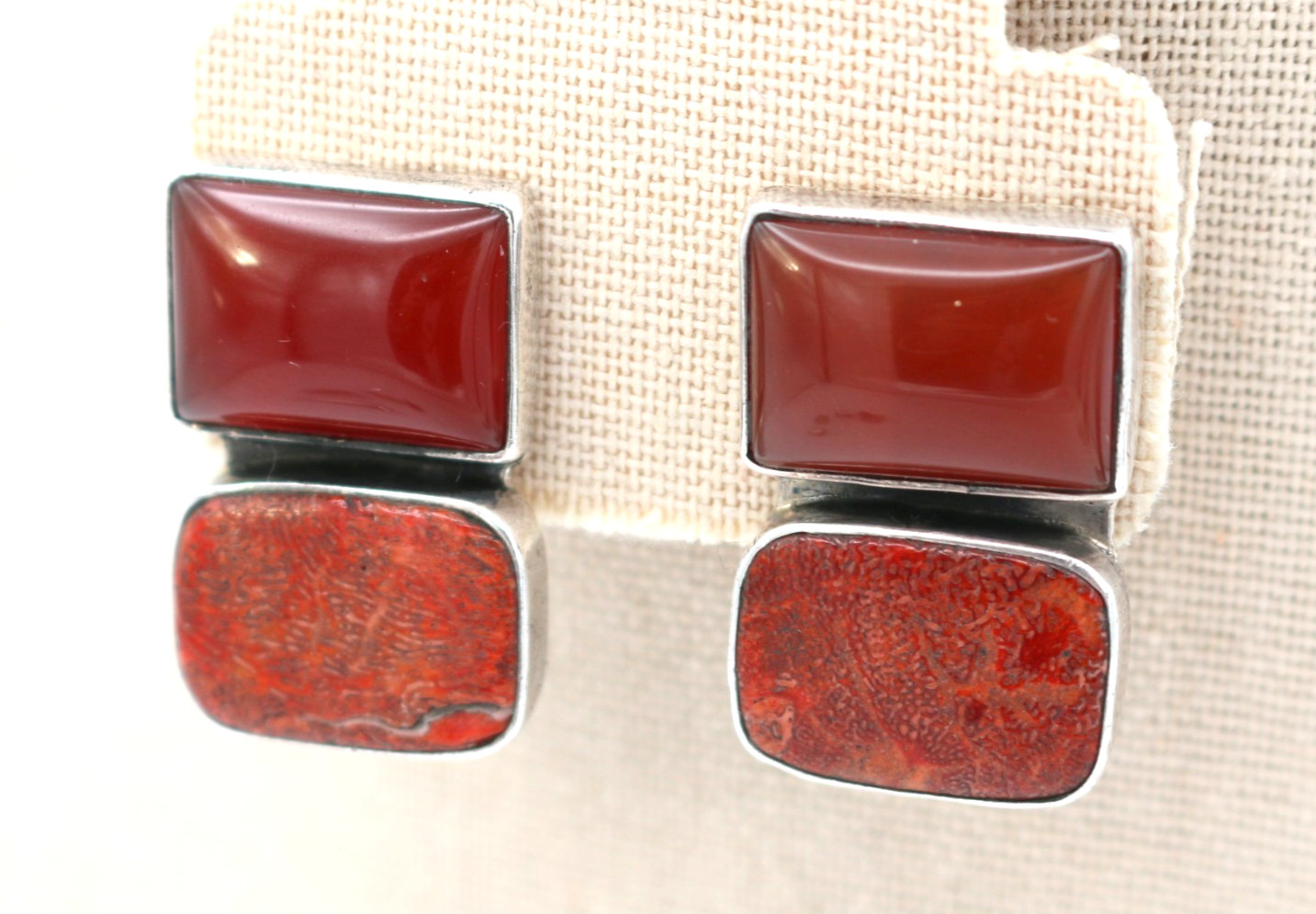 Vintage AMY KAHN RUSSELL AKR Sterling Silver Red Carnelian Sea Bamboo Earrings