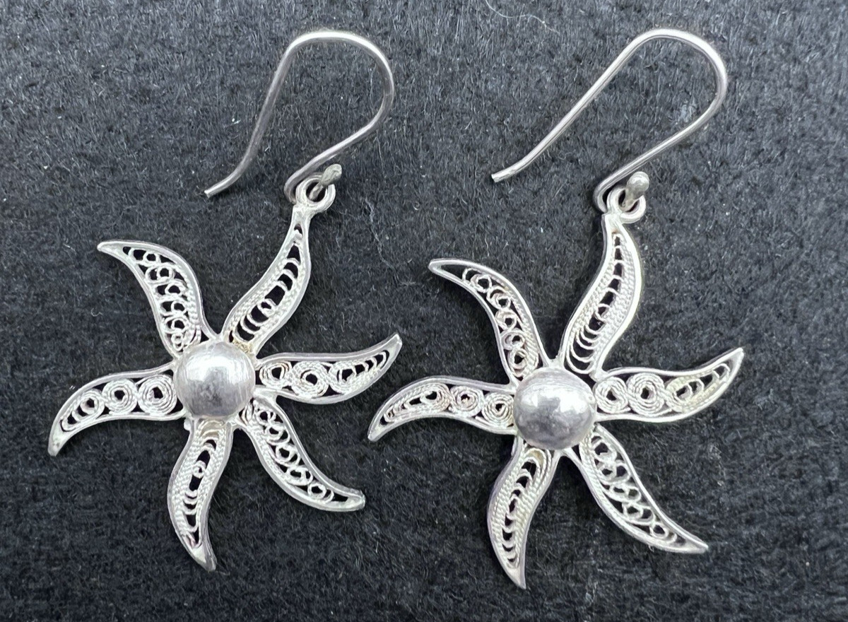 Vintage 950 Silver Filigree Pinwheel Dangle Earrings Spiral Flower