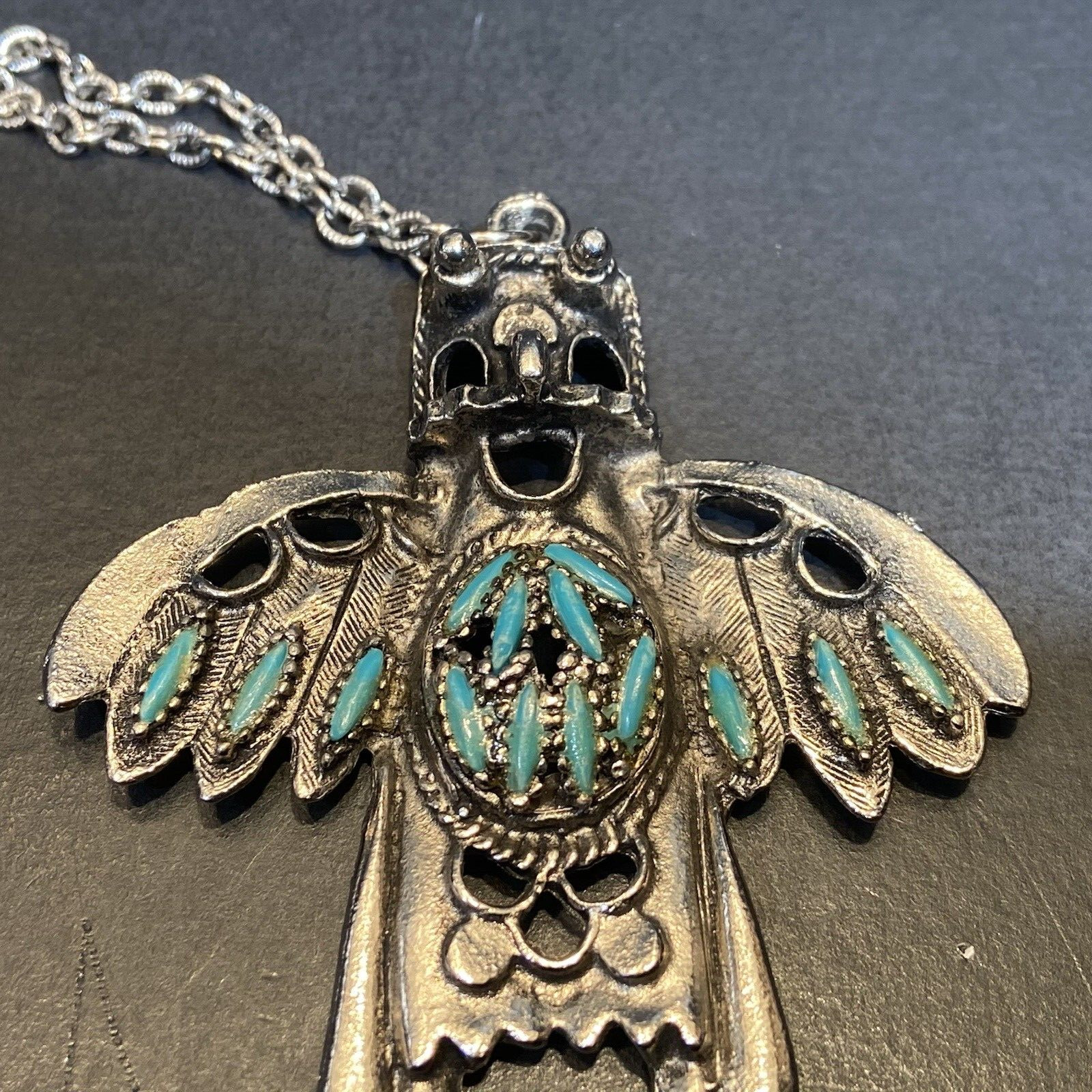 VTG Thunderbird Kachina Pendant Necklace Faux Turquoise Silver Tone Southwestern