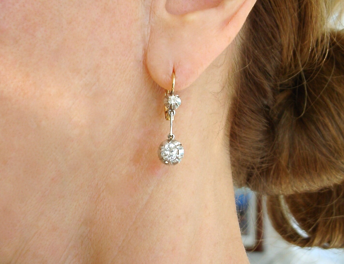 VINTAGE 1ctw DIAMOND DROP 2-STONE PLATINUM SHORT DANGLE COCKTAIL EARRINGS 1950