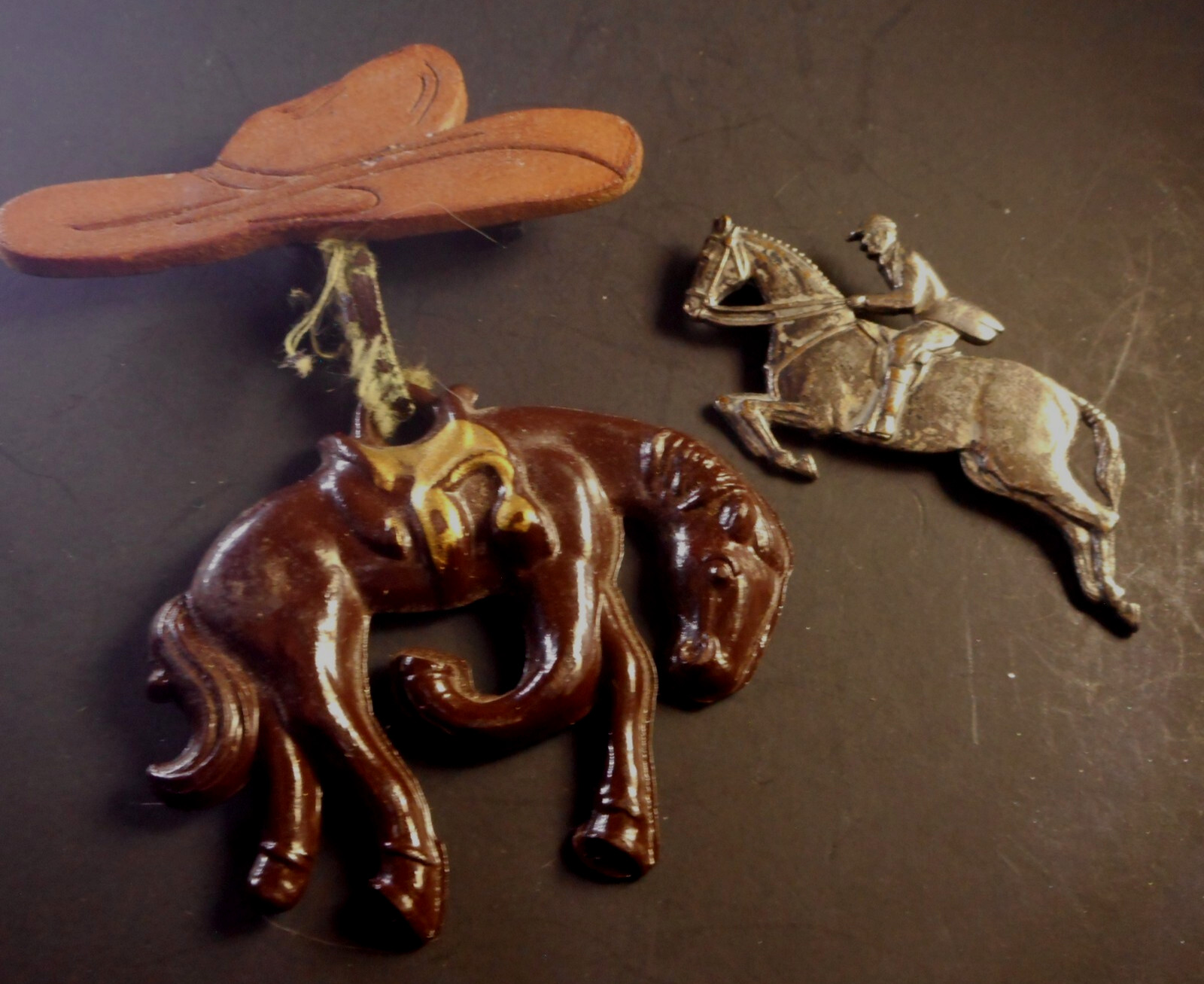 Vtg 2 Horse Brooches One Silvertone w Jockey One wood and Lucite Bucking Bronco